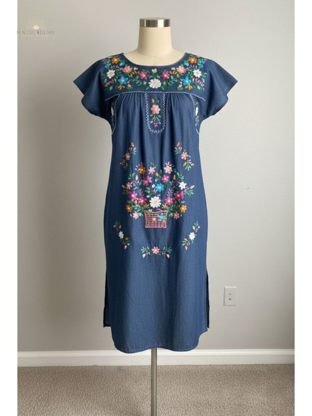 Women's Embroidered Cotton Boho Mexican Dress Casual Short Sleeve